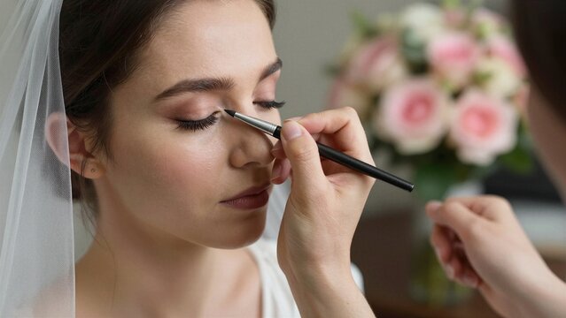A close-up of a bride receiving intricate eye makeup while wearing her veil, with soft-focus floral bouquet in the background.