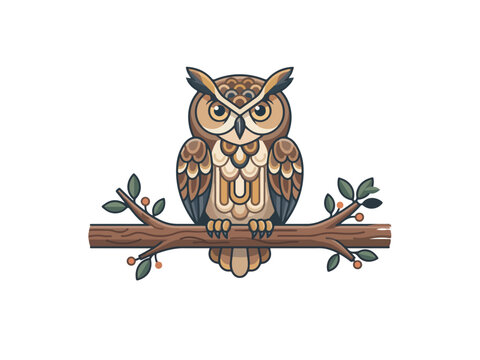 Clean flat vector illustration of a Eurasian eagle owl sitting on a thick tree branch, front-facing with large expressive eyes, symmetrical composition, smooth geometric feather shapes, minimal shadin