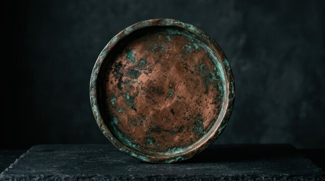 Antique copper plate with green patina on dark stone
