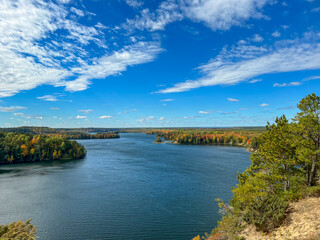 Fototapeta premium River Bend Through Autumn Forest from Overlook, Huron Manistee National Forest Michigan