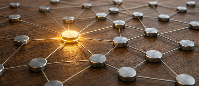 Glowing Central Network Node Connected by Metallic Links on Wooden Surface Representing Digital Connectivity and Technology