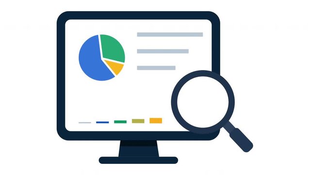 Flat vector animation of a desktop screen showing data analytics, business graph, dashboard statistics, and magnifying glass search concept.