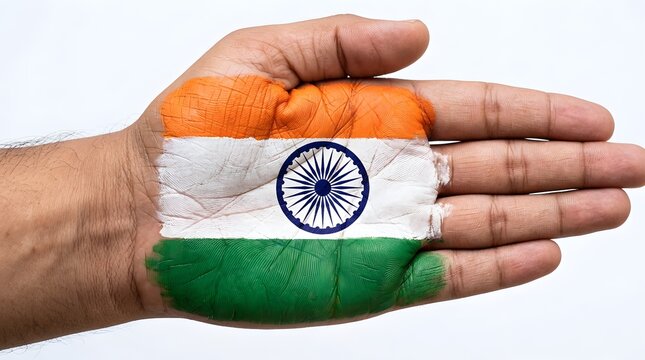 Open palm of a hand painted with the colors of the indian national flag body paint patriotic patriotism