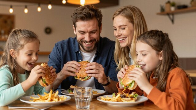 A joyful family of four shares a delicious meal of cheeseburgers and fries in a cozy, warmly lit restaurant setting.