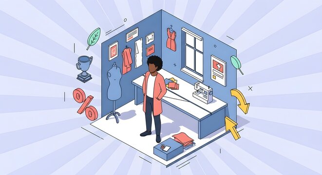 Architect designing a modern home layout on a digital tablet while standing in a stylized 3D room environment.