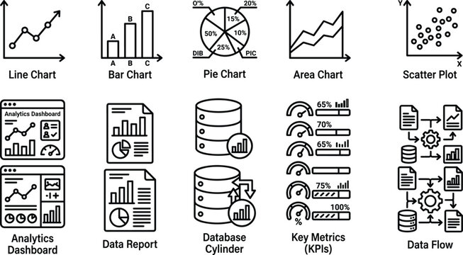 Data analysis and business intelligence icon set visualizing information for strategic decision making