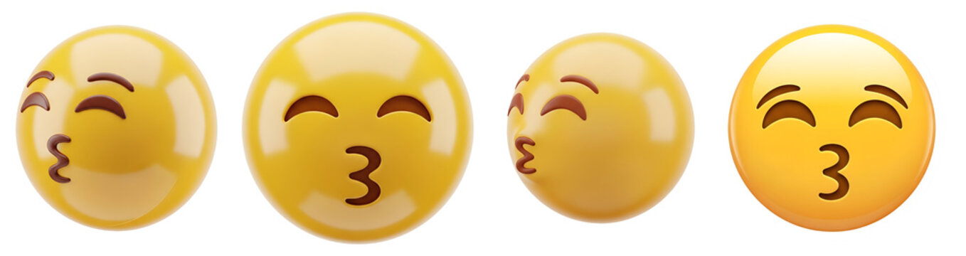 Glossy yellow kissing emoji faces showing different angles and expressive features crafted in high quality 3D style on transparent background