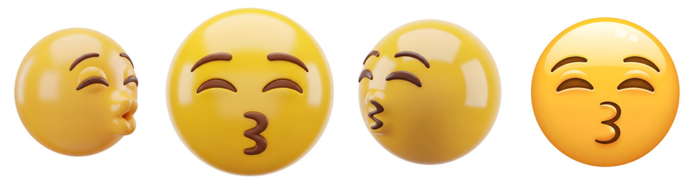 Kissing emoji icons in various three dimensional angles displaying bright yellow expressions with puckered lips isolated on transparent background