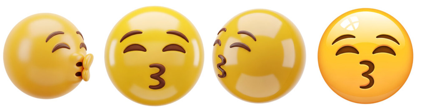 Kissing face yellow emoji collection showing various angles of expression in 3d glossy render style isolated on transparent background