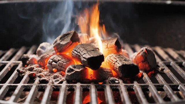Glowing charcoal briquettes burn with orange flames on a grill