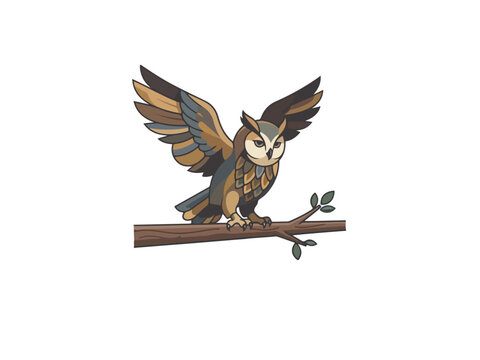 Elegant owl landing on a tree branch with partially opened wings, flat vector style, smooth geometric shapes, organized layers for owl, branch and shadow, editable paths, isolated composition, Adobe I