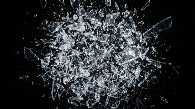 Shattered glass shards exploding on black background