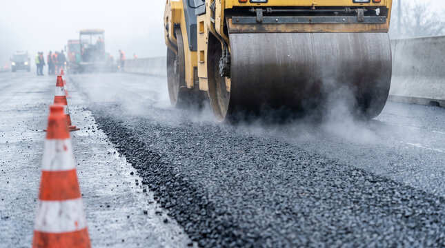 Road construction work with a steamroller compacting hot asphalt on a highway