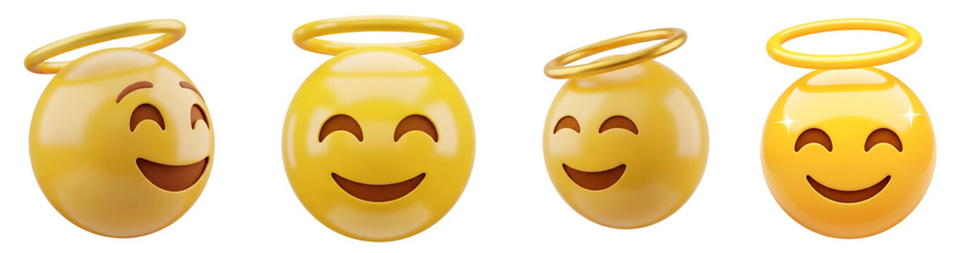 Golden angel emoji collection featuring glossy 3d rendered faces with halos captured from different angles isolated on transparent background