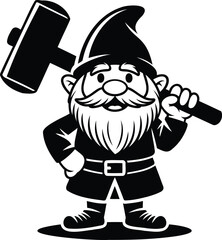 Obraz premium Cartoon garden gnome character holding a large hammer with a playful expression in hand