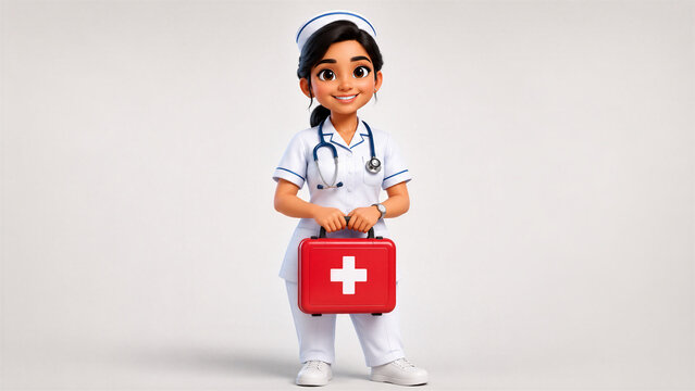 Cute 3D Cartoon Nurse Character Holding First Aid Medical Kit on Clean Background