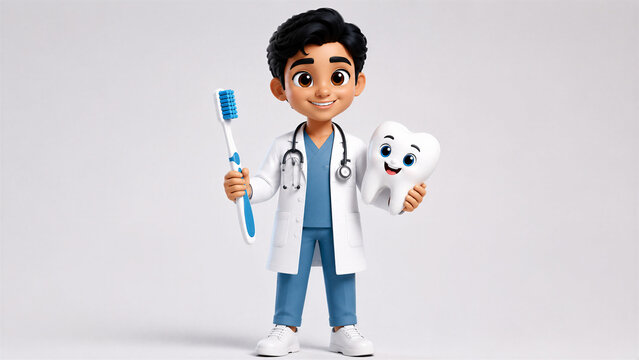Cute 3D Cartoon Dentist Holding Tooth and Toothbrush on Clean Background