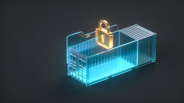 Modern 3D illustration showing a golden padlock inside an open top glowing glass container. Great for supply chain security, data encapsulation concepts, and cloud computing safety.