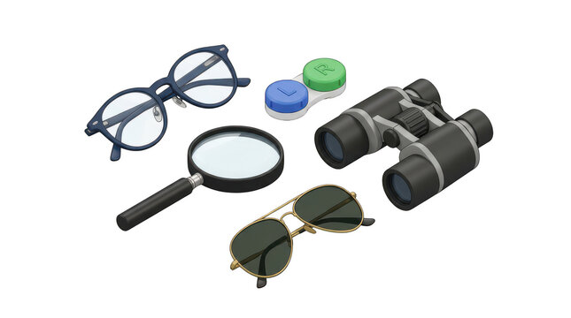 Eyewear and vision aids including binoculars and contact lens case on a clean surface
