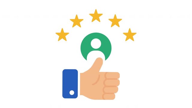 Flat vector animation of hand giving thumbs up with five stars and customer review avatar rating concept.