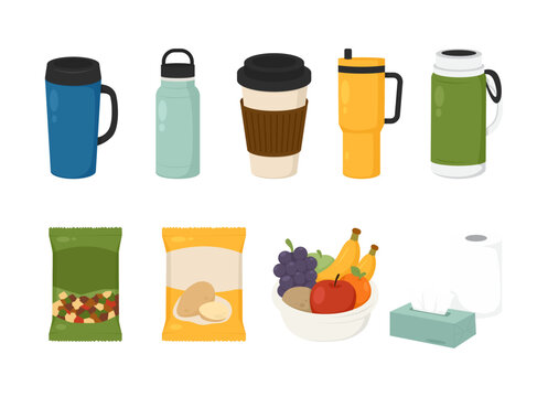 Travel Food and Drink Essentials Icon Set with Tumblers Water Bottle Coffee Cup Snacks Fruit Tissue and Paper Roll