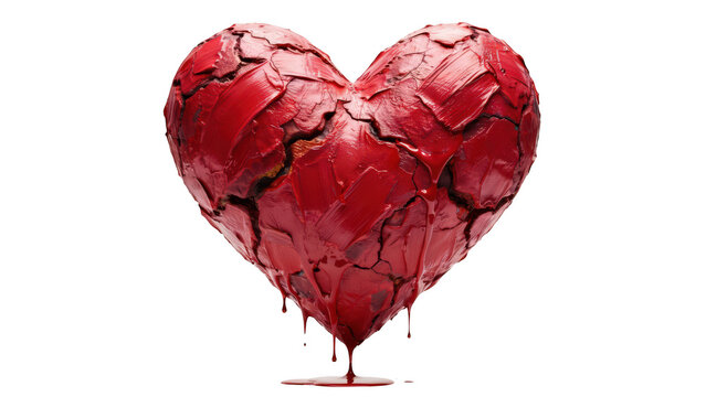 A cracked and bleeding red heart isolated on transparent background