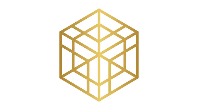Golden geometric cube logo, luxury wireframe hexagon icon, elegant gold line art symbol for corporate branding and tech identity