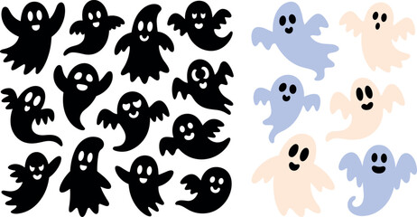 Obraz premium Cute Halloween ghost character collection set with black silhouettes and soft pastel floating spirit icons vector