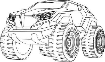 Black and white line art illustration of a rugged futuristic offroad car © Vhya