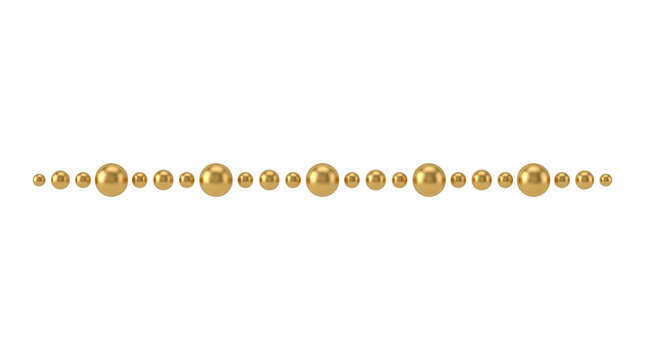 Golden pearl border on white background. Elegant gold bead divider for luxury invitations. Decorative metallic sphere line for premium design.
