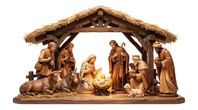 Traditional nativity scene with figures and wooden stable. Handcrafted Christmas manger display featuring family, animals, and straw roof.