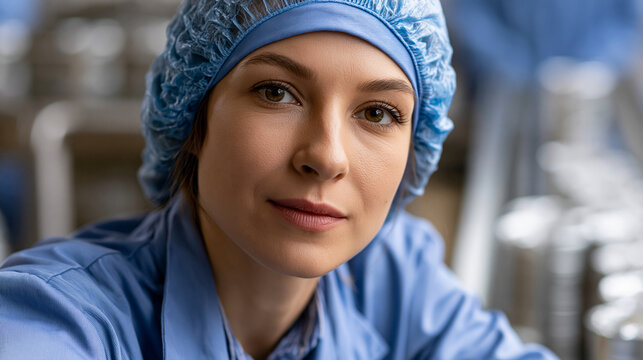 Female scientist or researcher working in a laboratory, wearing a hairnet and uniform, representing expertise in pharmaceutical manufacturing and cleanroom environments, innovation in science
