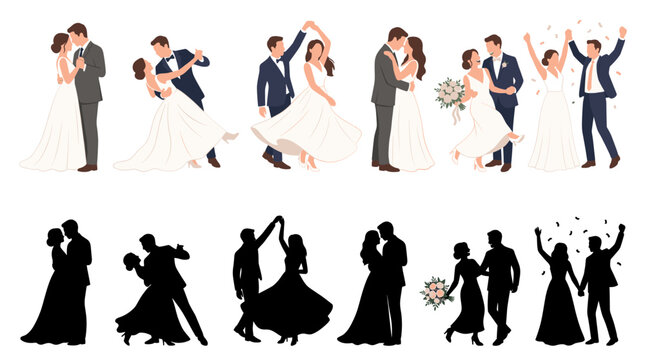 Professional vector collection featuring different bride and groom dancing poses, romantic first wedding dance, elegant ballroom dance, bride twirling under groom's arm, newlywed couple slow dancing
