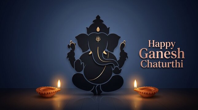 Vibrant festive illustration of Lord Ganesha centered on a warm orange gradient background, seated regally atop two large traditional wooden drums, four-armed elephant-headed deity adorned with an orn