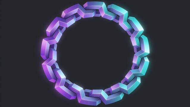 Interlocking purple and cyan three dimensional ring graphic representing blockchain technology connection suitable for network banner web design and fintech presentation decks