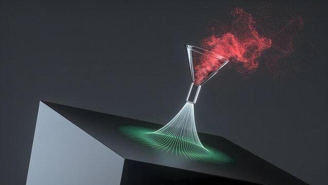 Three dimensional rendering of a glass funnel converting glowing red particles into organized green light rays. Great for data filtering processing and information transformation.