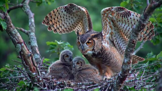 Great horned owl stretching wings beside chicks in tree nest