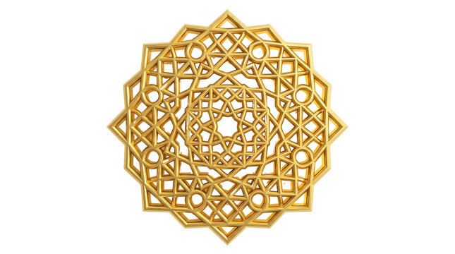 Golden lattice arabesque geometric ornament on white. Islamic star medallion with intricate filigree pattern. Oriental golden vector arabesque design element. Elegant decorative mandala symbol.