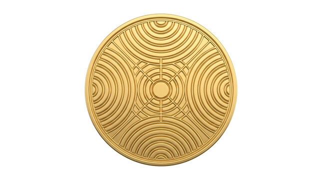 Golden Maze Coin With Labyrinth Design. Oro Medal With Spiral纹路 And High Detail Reliefs. Luxury Gold Currency Symbol With Geometric Pattern Isolated On White Background.