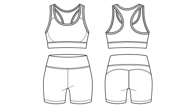 Women's Sports Bra and Biker Shorts Set Technical Sketch Vector Template Front and Back View