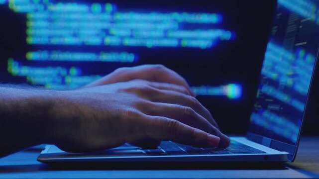 Close Up of Male Software Developer Typing Code on Laptop