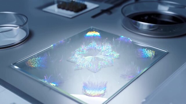 Iridescent crystalline specimen on glass slide over cool metal bench with radial starburst center, featherlike needle clusters, reflective highlights, and soft oblique close view