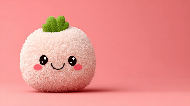 This is a 3D rendered fluffy plush-style illustration, showing a round cute pink cartoon fruit plush figure with a smiling face, pink cheek blushes and a small green top, set against a solid soft pink