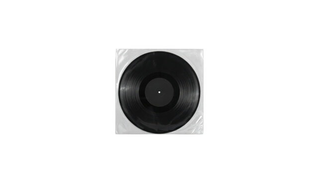 A black vinyl record in a clear protective sleeve isolated on transparent background