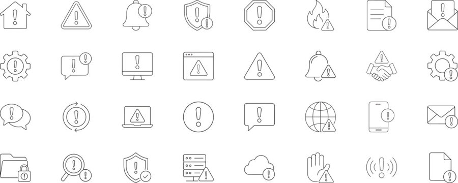 Set of thin line icons for alerts, warnings, and system notifications, editable stroke, vector illustration 
