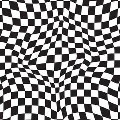 Obraz premium Warped Checkerboard Optical Illusion Vector – Abstract Black and White Geometric Pattern, Distorted Grid Texture, Modern Visual Art Background for Poster, Wallpaper, and Graphic Design Projects