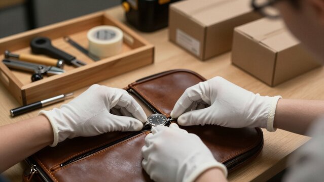 A skilled technician in white gloves carefully places a luxury watch into a protective brown leather case, surrounded by tools and packaging materials.
