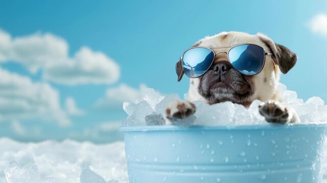 A cool pug wearing sunglasses sits in a blue bucket filled with ice cubes under a bright blue sky.