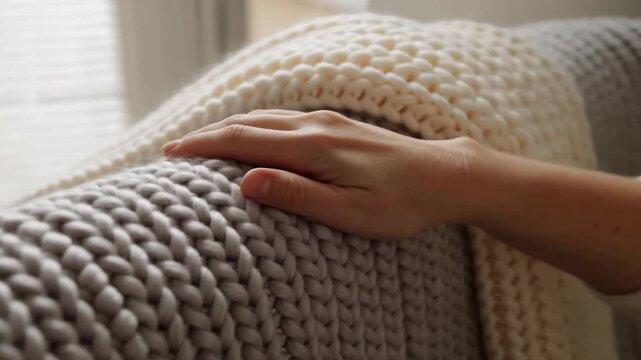 Close-up hand resting on chunky knit blanket, gentle compression, tactile skin detail, relaxed domestic scene beside bright window with soft daylight and shallow focus