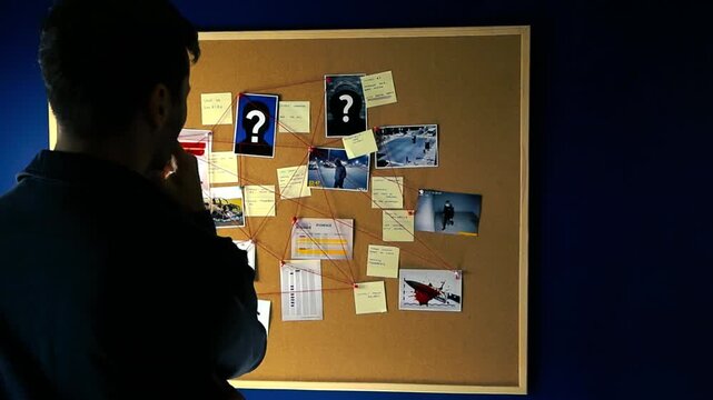 Pensive police investigator examining a crime board with photos, notes, and red threads, connecting clues and suspects while scratching his head in confusion in a dark room